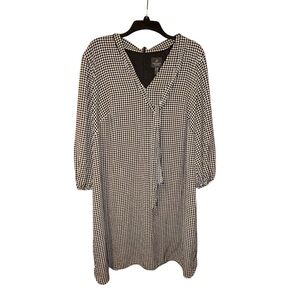 Adrianna Papell Shift Dress Black White‎ Houndstooth Tie Neck LS Plus Size 20W